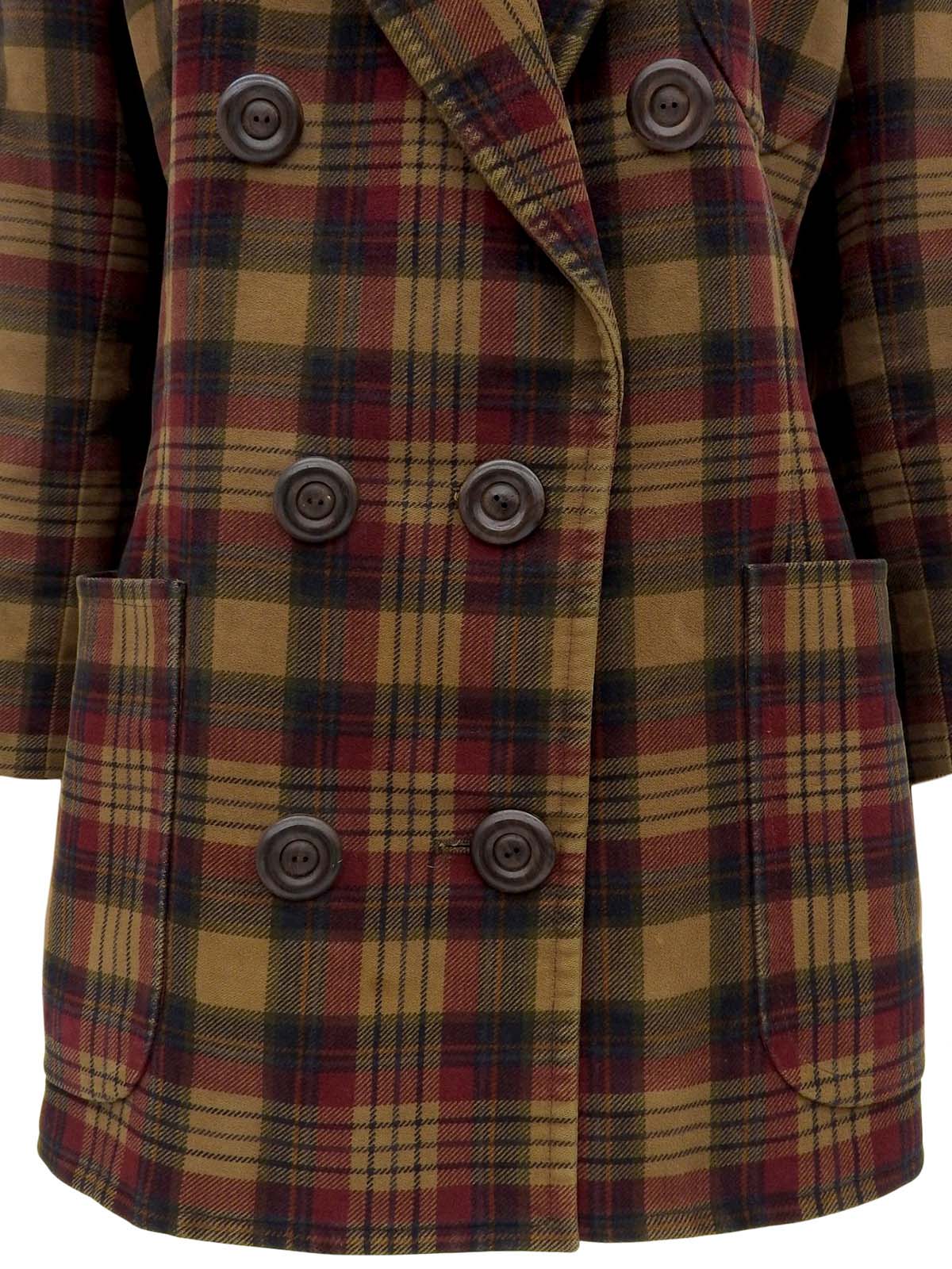Check Pattern Wood Button Double-Breasted Jacket in Brown/Bordeaux/Multi
