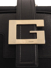 キャンバスレザーコンビGロゴプレートハンドバッグ ブラック