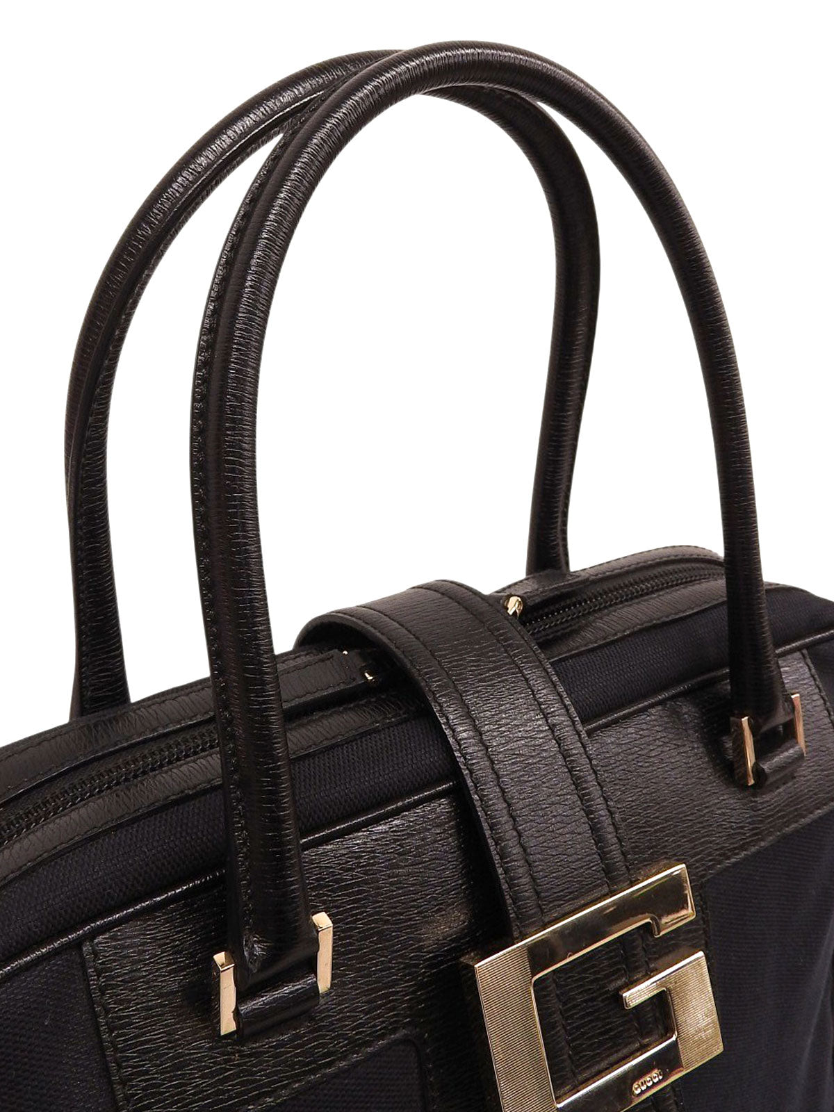 キャンバスレザーコンビGロゴプレートハンドバッグ ブラック