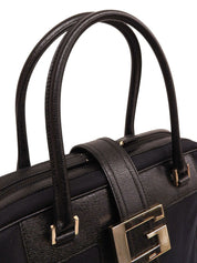 キャンバスレザーコンビGロゴプレートハンドバッグ ブラック