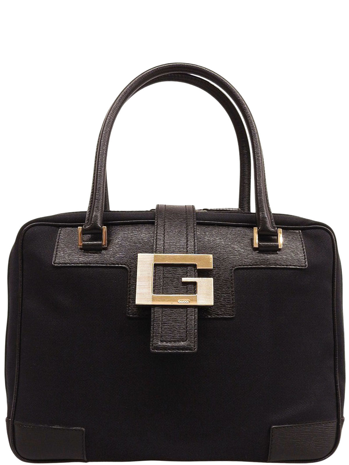 キャンバスレザーコンビGロゴプレートハンドバッグ ブラック