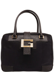 キャンバスレザーコンビGロゴプレートハンドバッグ ブラック