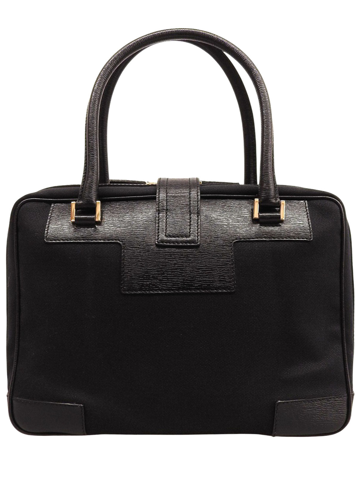 キャンバスレザーコンビGロゴプレートハンドバッグ ブラック