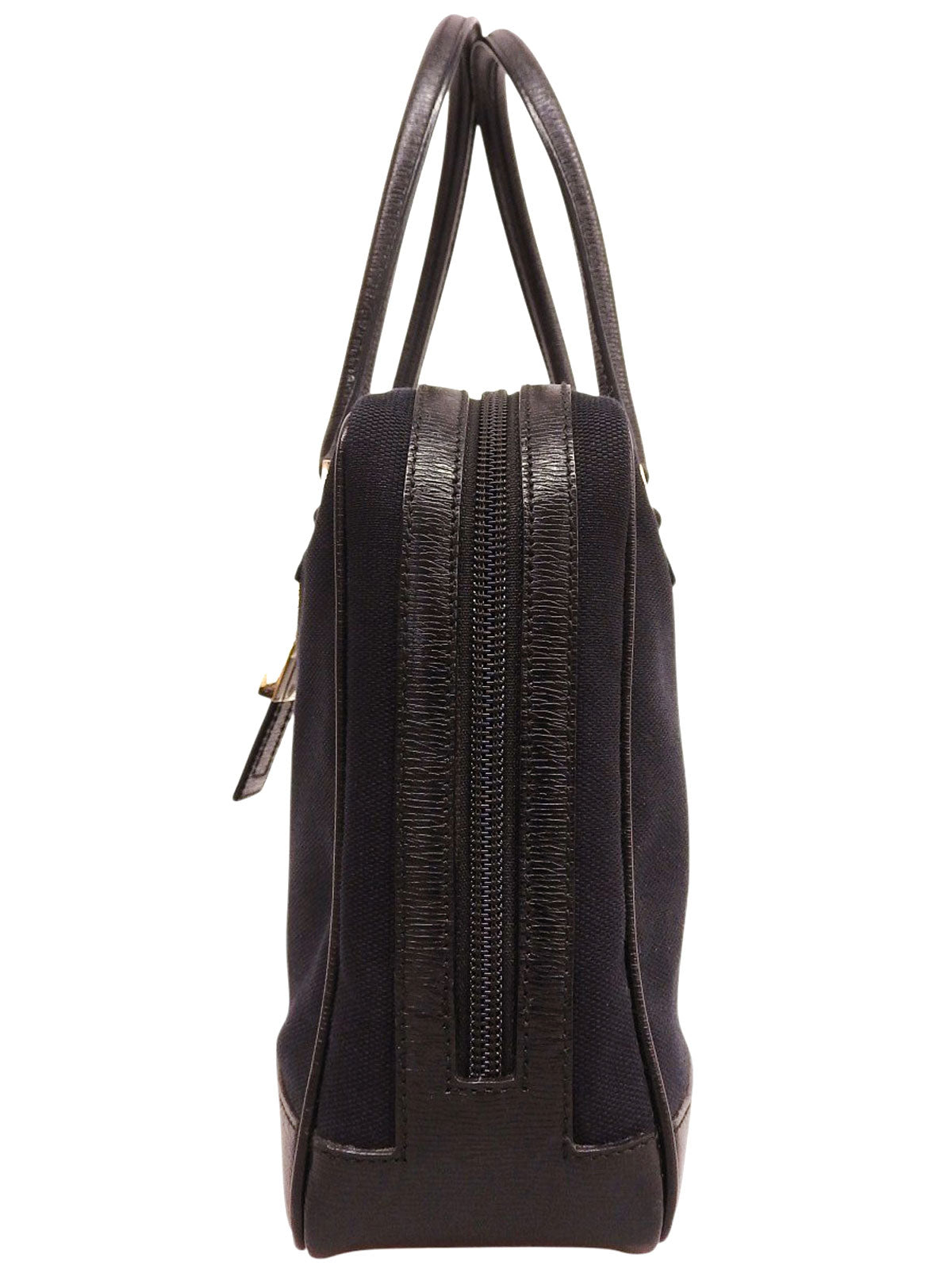 キャンバスレザーコンビGロゴプレートハンドバッグ ブラック