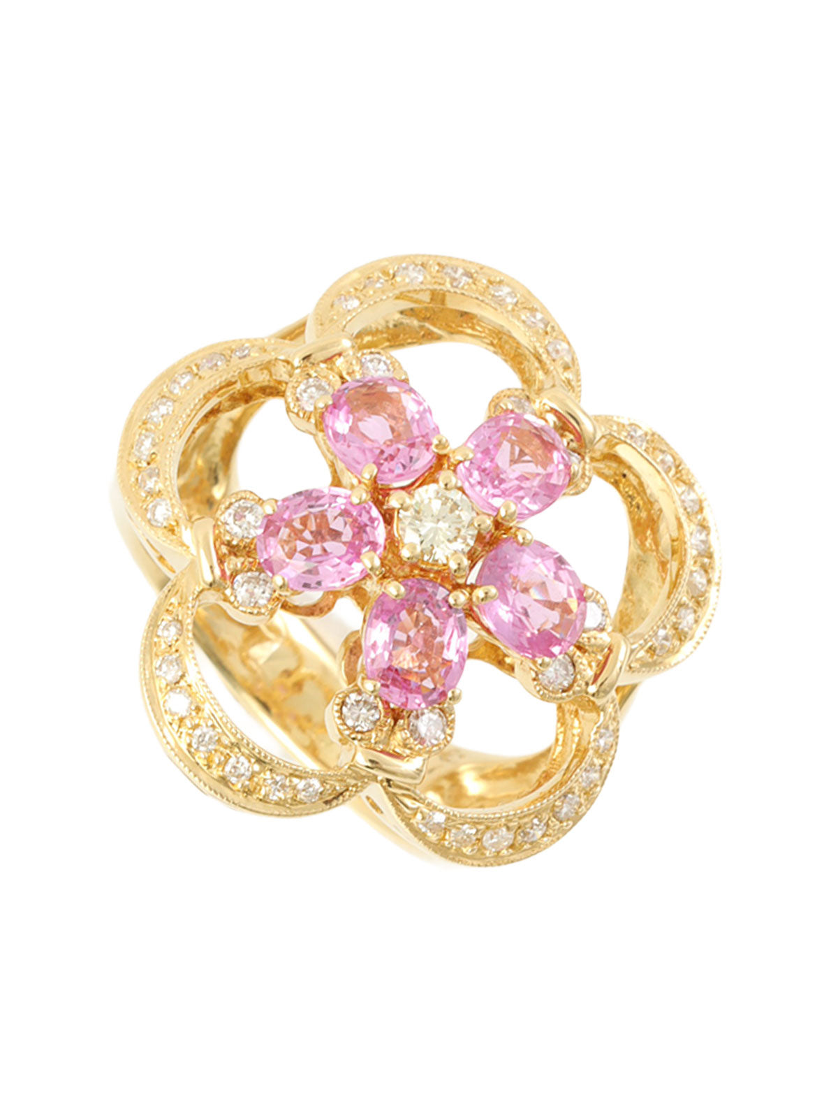 18K蓝宝石钻石花朵造型戒指，粉金/金