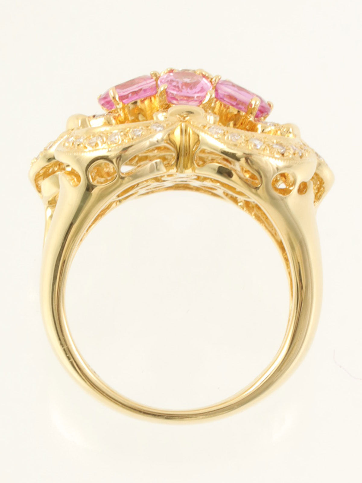 18K蓝宝石钻石花朵造型戒指，粉金/金