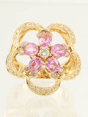 18K蓝宝石钻石花朵造型戒指，粉金/金