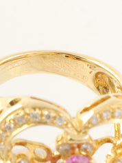 18K蓝宝石钻石花朵造型戒指，粉金/金