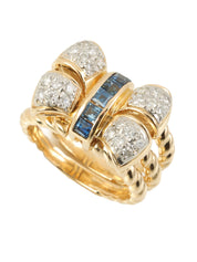 18K Platinum Sapphire Ribbon Motif Ring in Gold/Blue