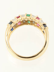 18K铂金钻石红宝石蓝宝石祖母绿戒指，黄金/多色