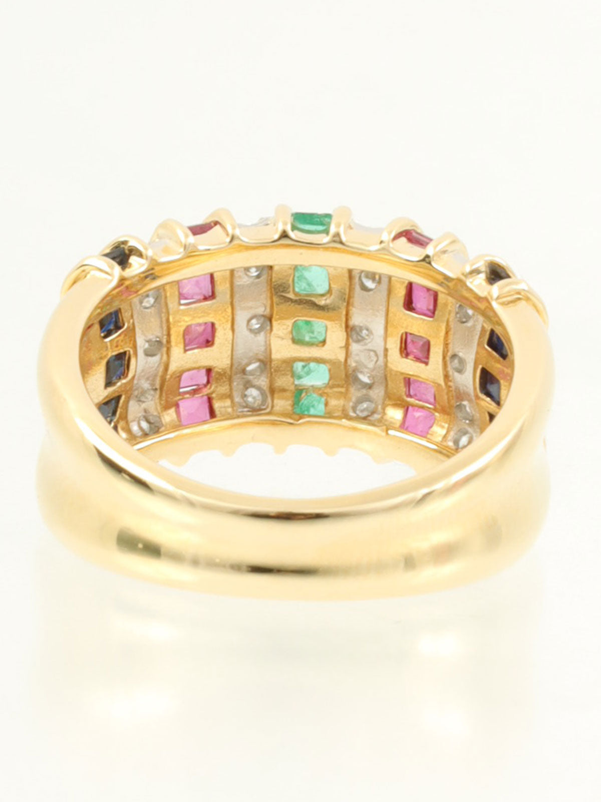 18K铂金钻石红宝石蓝宝石祖母绿戒指，黄金/多色