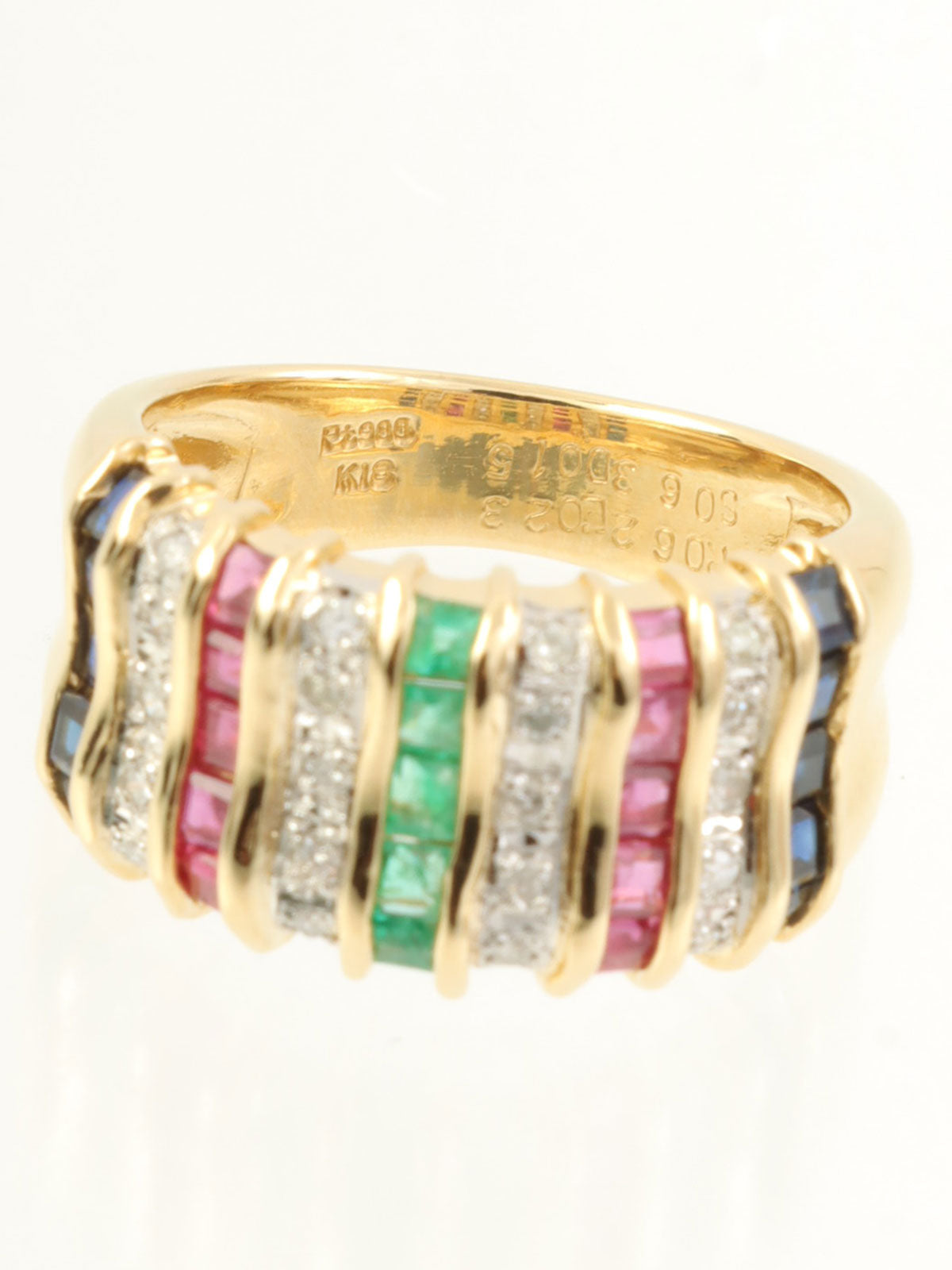 18K铂金钻石红宝石蓝宝石祖母绿戒指，黄金/多色