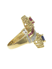 18K Diamond Heart Design Ring #54 Gold/Blue/Cherry Red