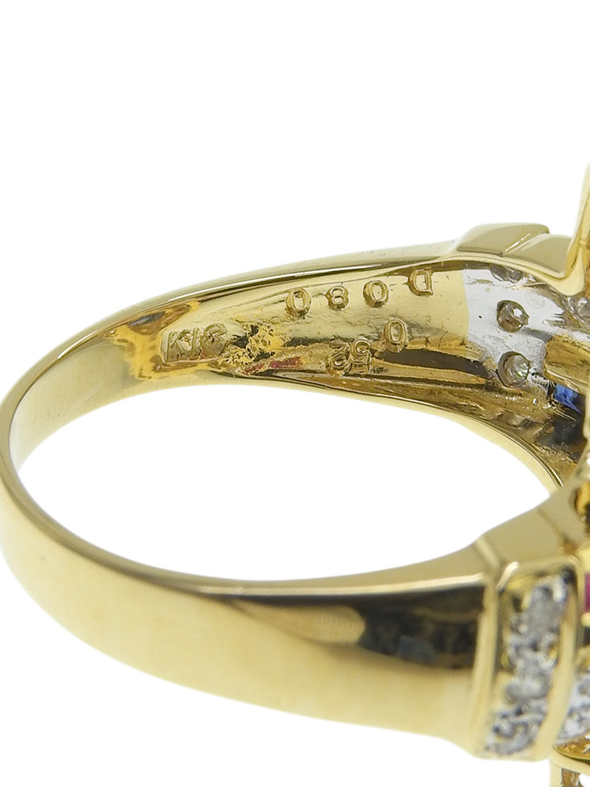 18K Diamond Heart Design Ring #54 Gold/Blue/Cherry Red