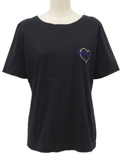 ハートラインストーンロゴ刺繍ポケット半袖Tシャツ ブラック