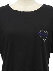ハートラインストーンロゴ刺繍ポケット半袖Tシャツ ブラック