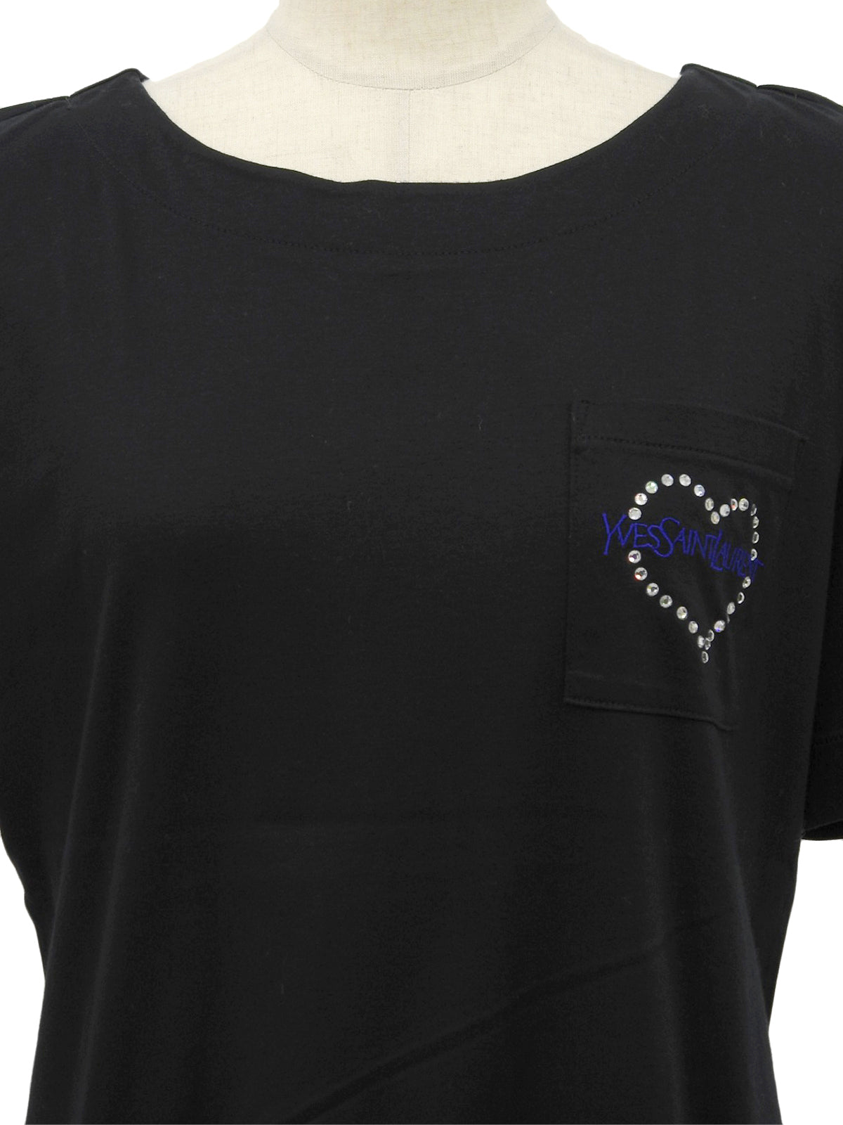 ハートラインストーンロゴ刺繍ポケット半袖Tシャツ ブラック