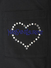 ハートラインストーンロゴ刺繍ポケット半袖Tシャツ ブラック