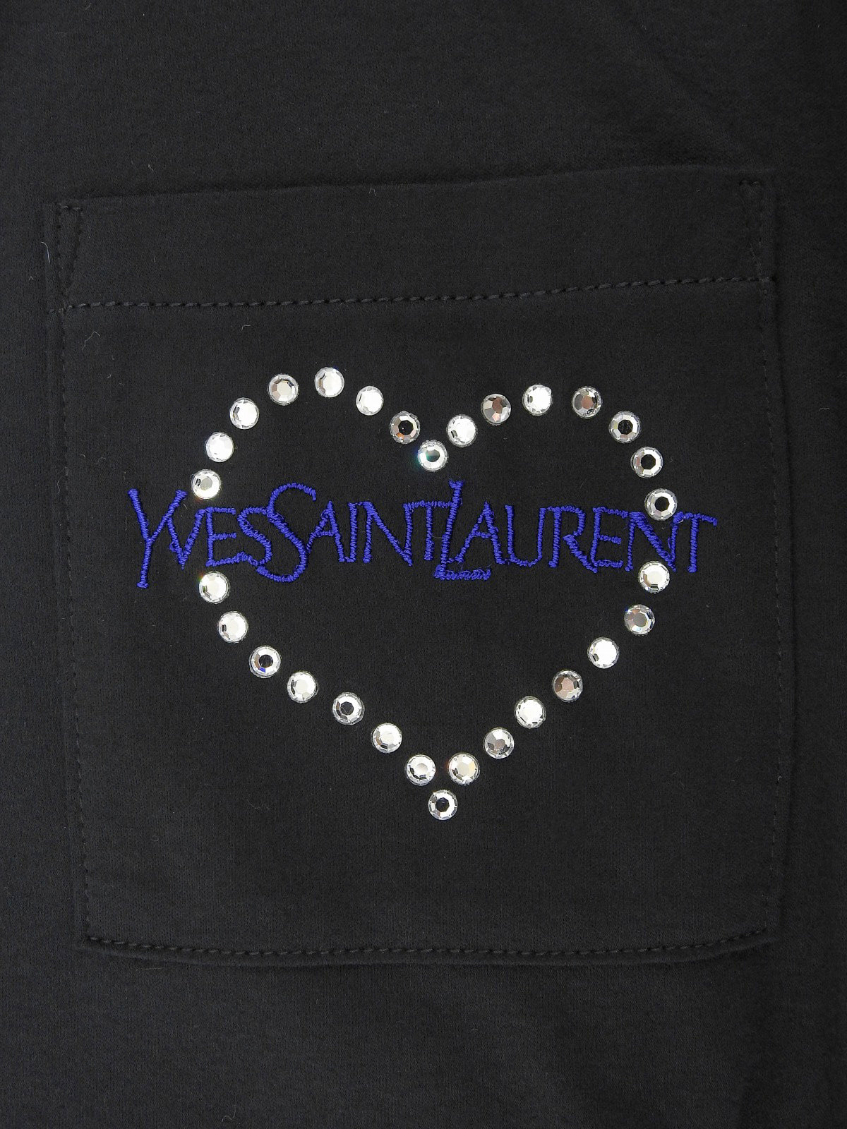 ハートラインストーンロゴ刺繍ポケット半袖Tシャツ ブラック
