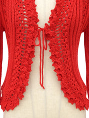 スクエアロゴプレートクロシェカーディガン レッド