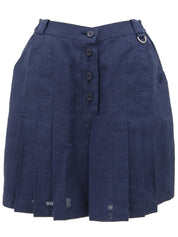 海军蓝亚麻布刺绣logo褶裥阔腿裤