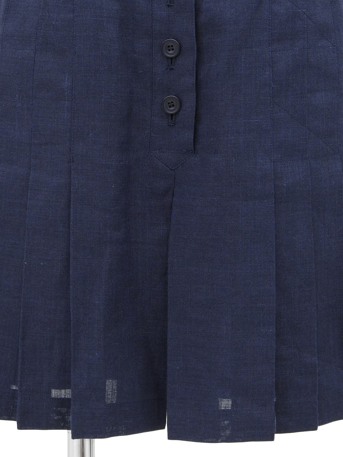 海军蓝亚麻布刺绣logo褶裥阔腿裤