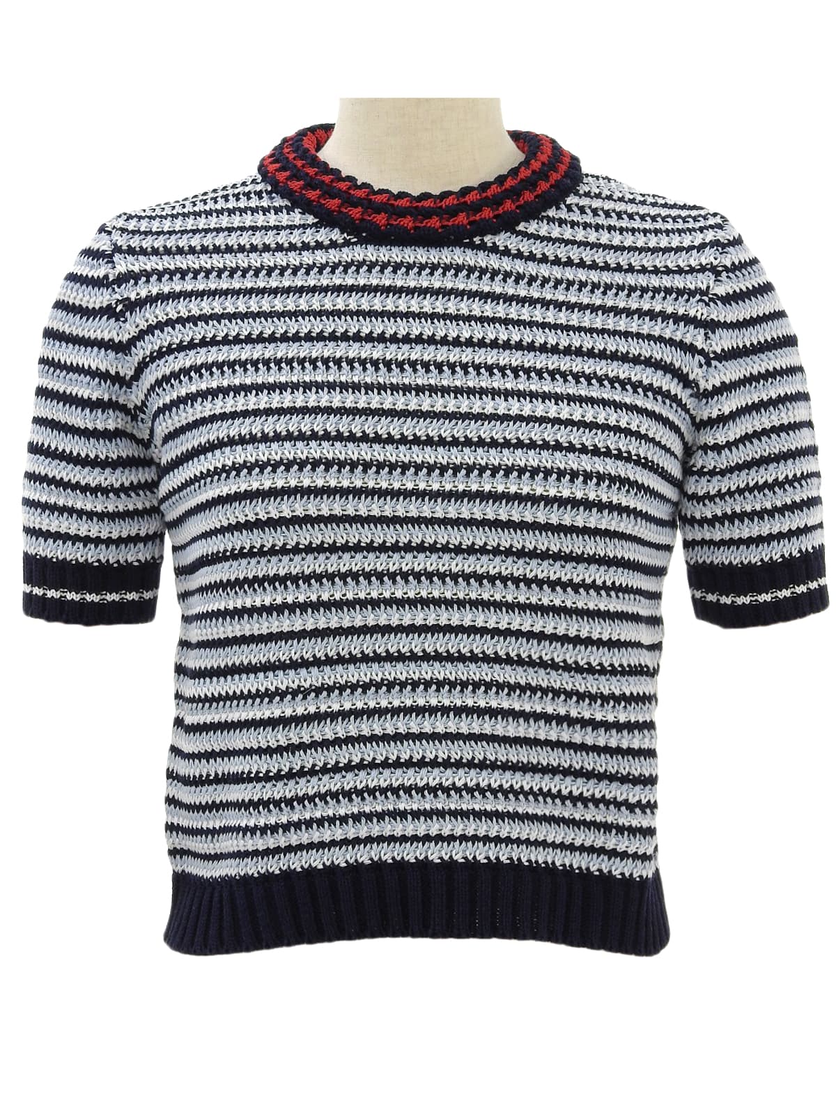 ボーダーパターン半袖ニットトップス ライトブルー/ホワイト/ネイビー