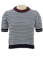 ボーダーパターン半袖ニットトップス ライトブルー/ホワイト/ネイビー