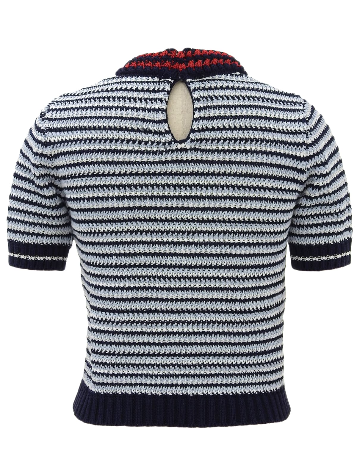 ボーダーパターン半袖ニットトップス ライトブルー/ホワイト/ネイビー