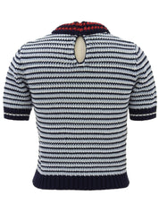 ボーダーパターン半袖ニットトップス ライトブルー/ホワイト/ネイビー