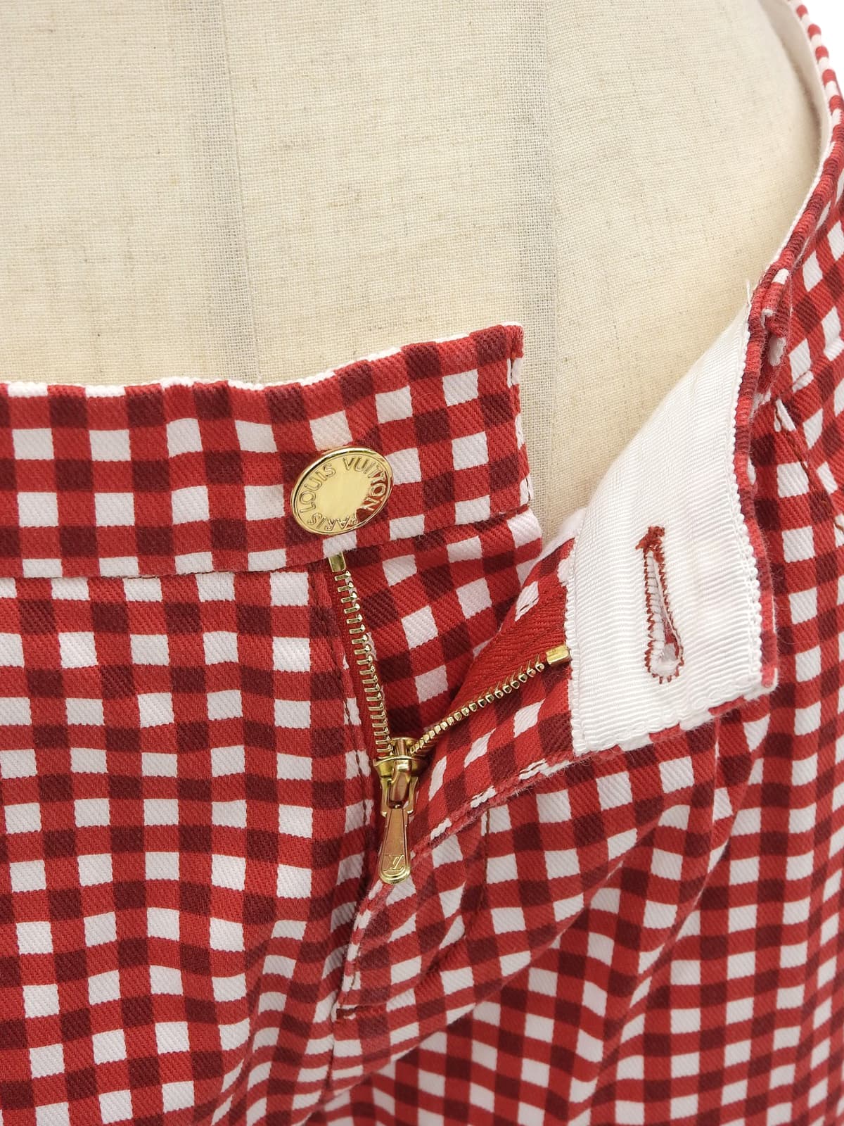 ブロックチェックパターンロゴボタンパンツ レッド/ホワイト