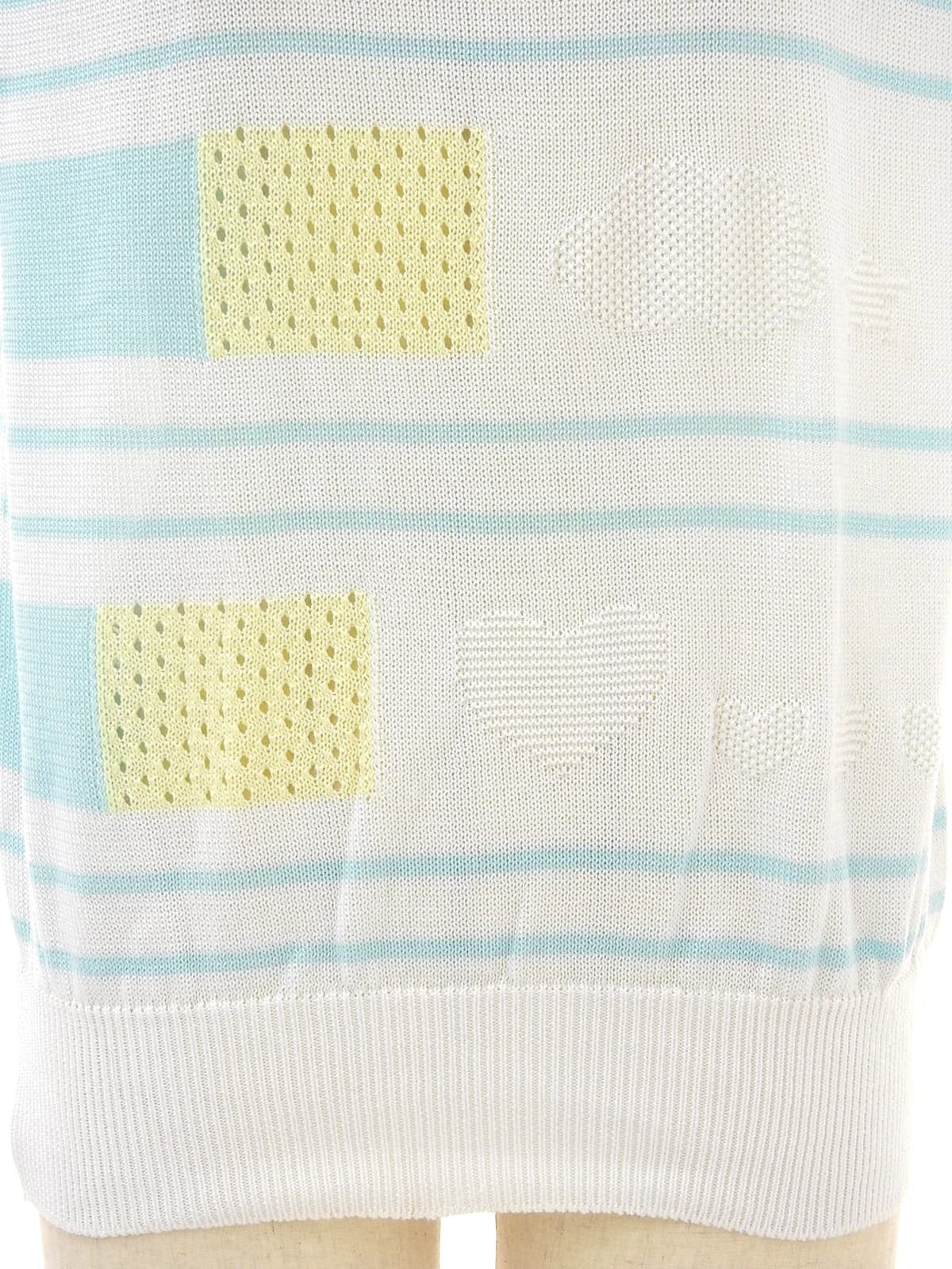 デザインボーダーパターンロゴ半袖ニットトップス ホワイト/マルチ