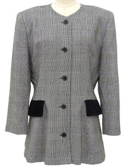 グレンチェックパターンノーカラーロングジャケット グレー/ブラック