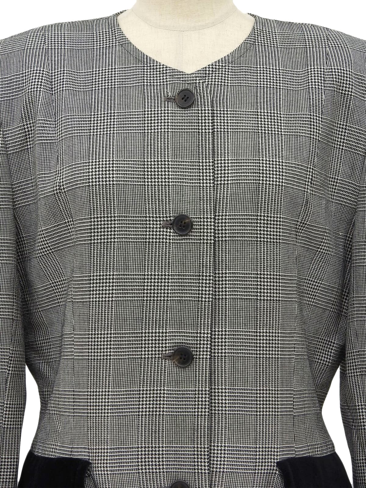 グレンチェックパターンノーカラーロングジャケット グレー/ブラック