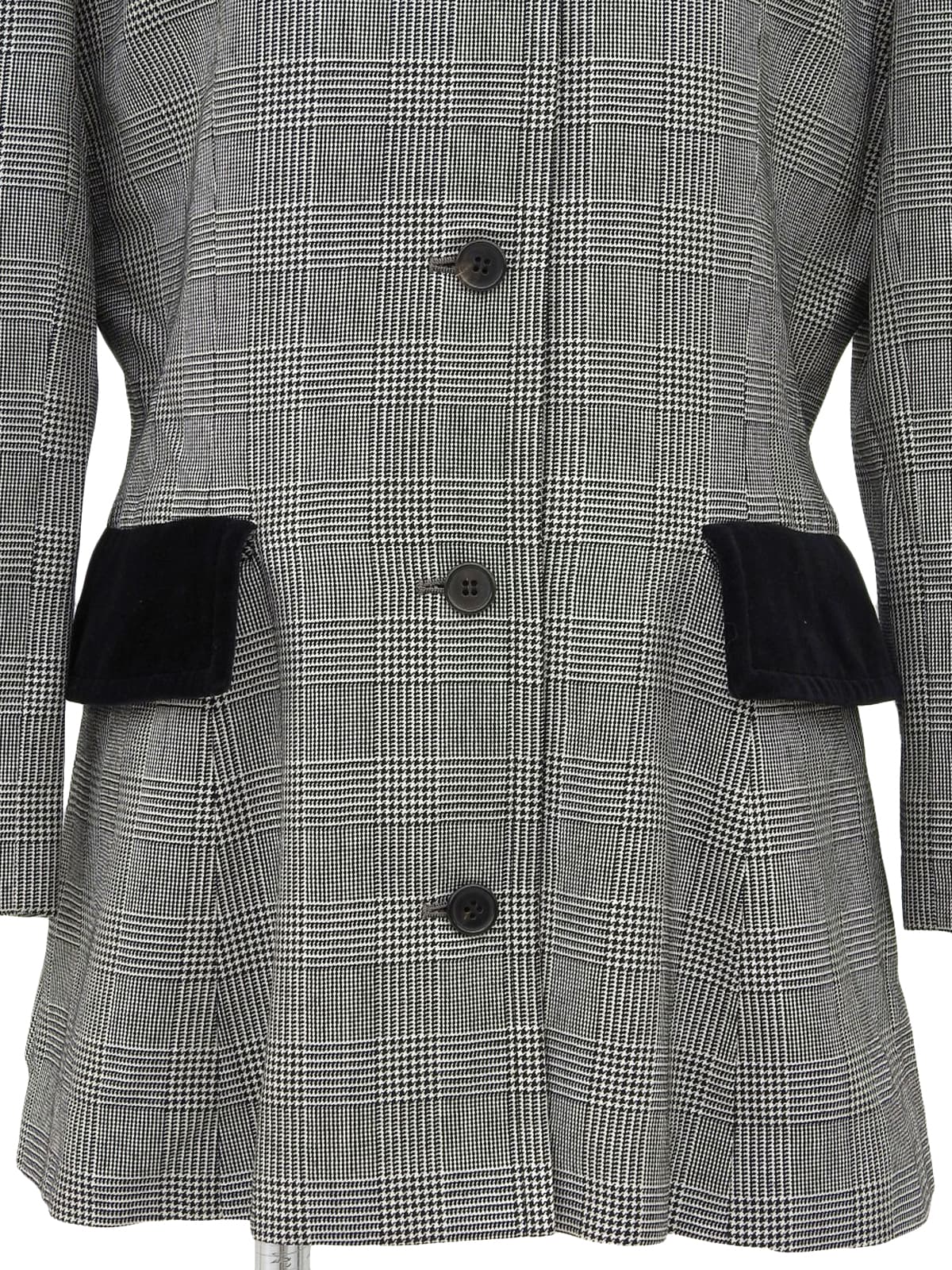 グレンチェックパターンノーカラーロングジャケット グレー/ブラック