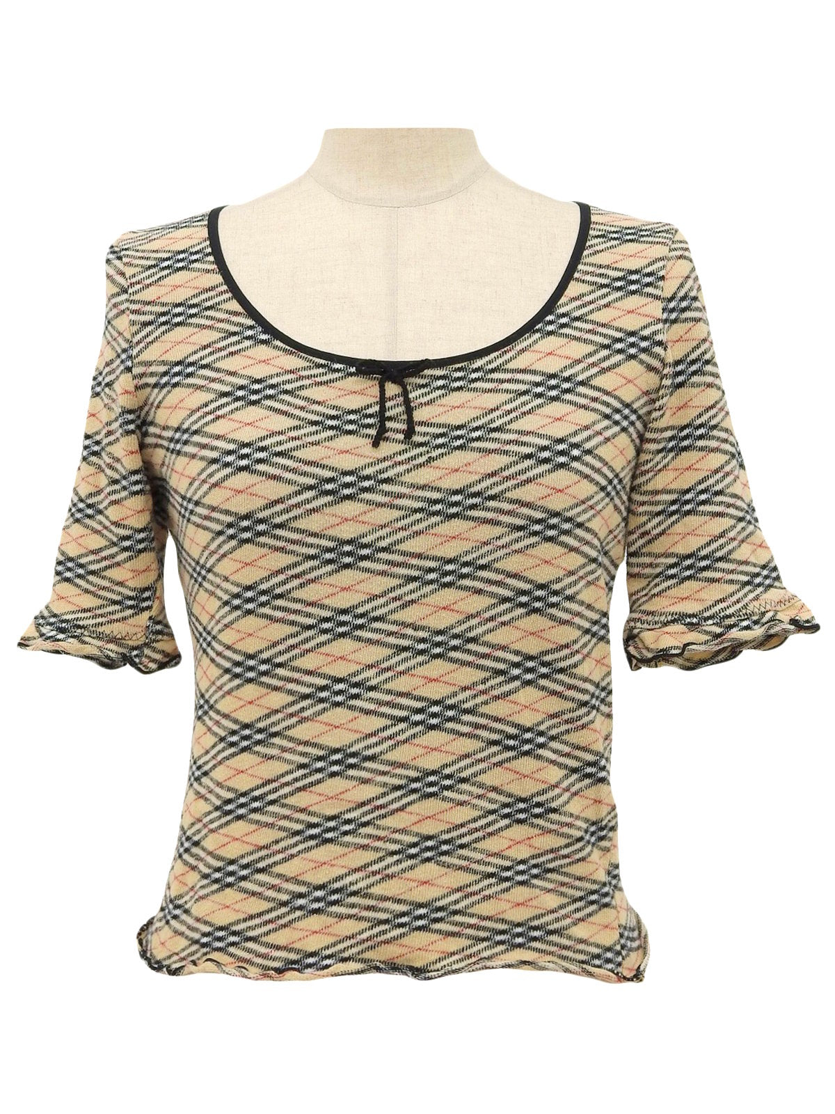 Nova Check Pattern Ribbon Short Sleeve Top in Beige
