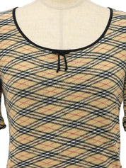 Nova Check Pattern Ribbon Short Sleeve Top in Beige