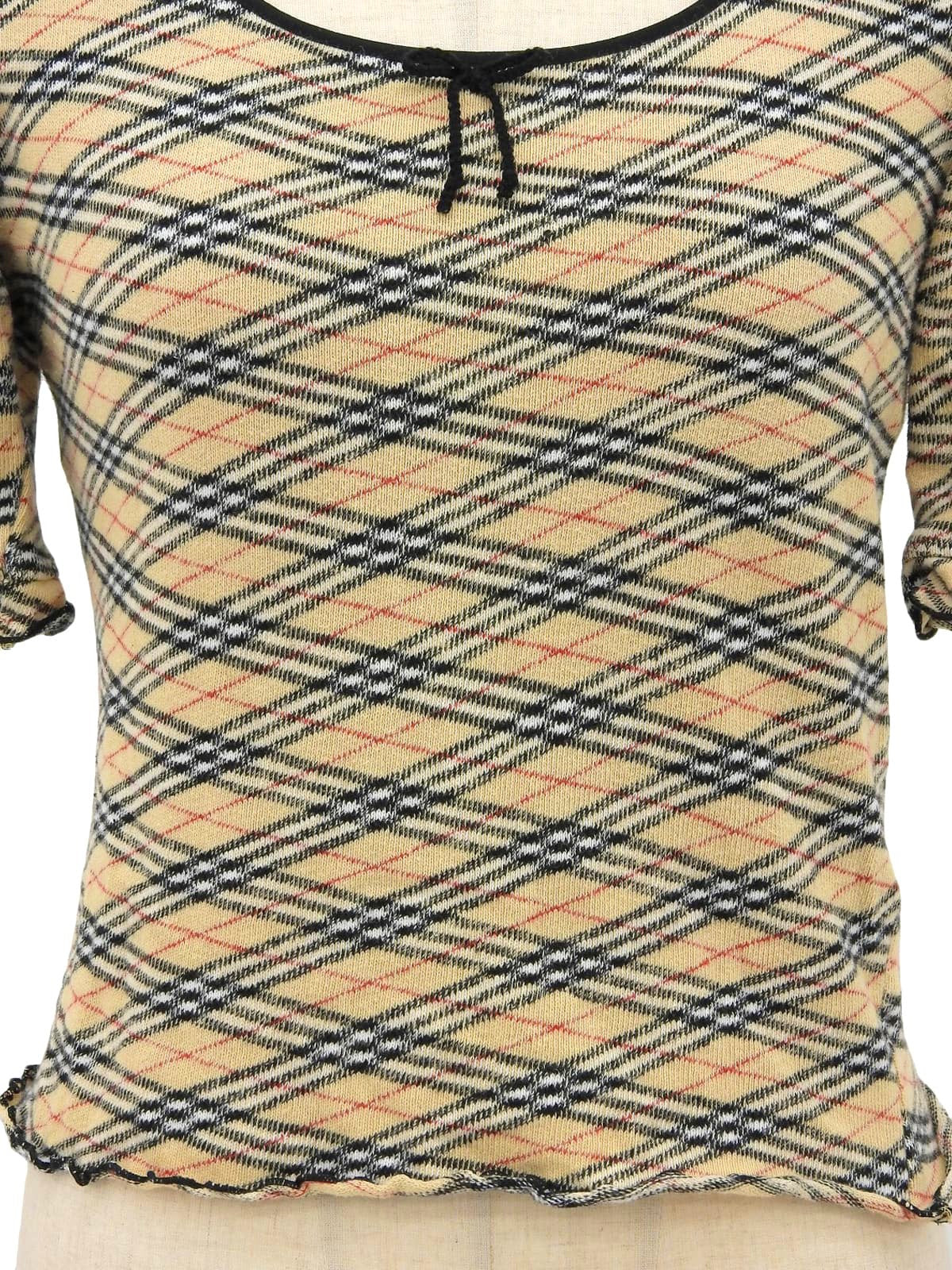Nova Check Pattern Ribbon Short Sleeve Top in Beige