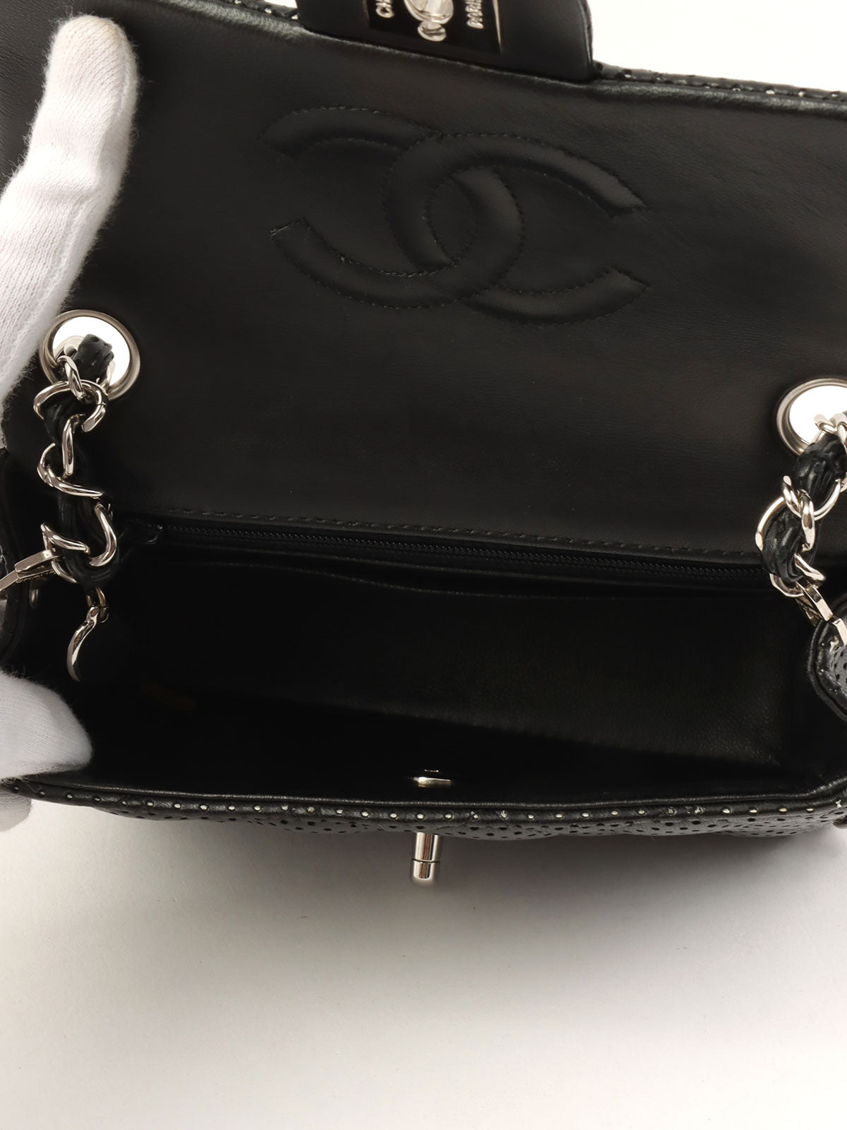 2007 Punched Leather Classic Flap Chain Bag Mini Black