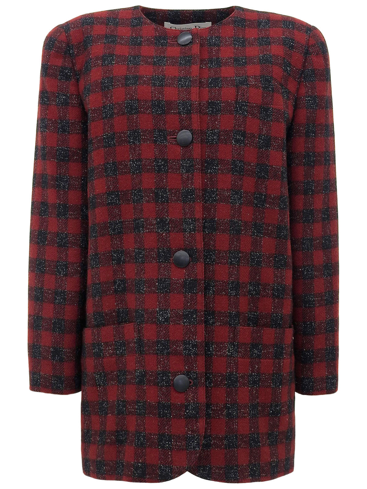 チェックパターンノーカラージャケット レッド/ブラック