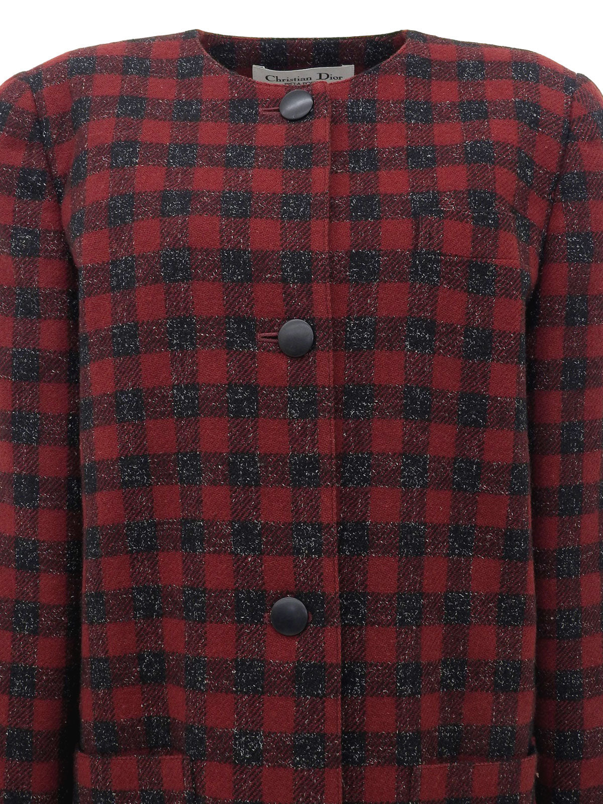 チェックパターンノーカラージャケット レッド/ブラック