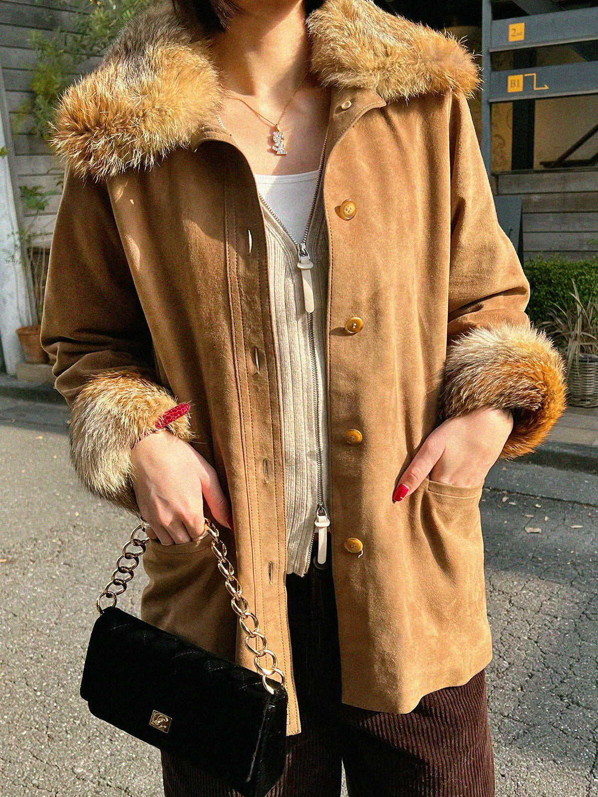 スエードファートリムジャケット ブラウン