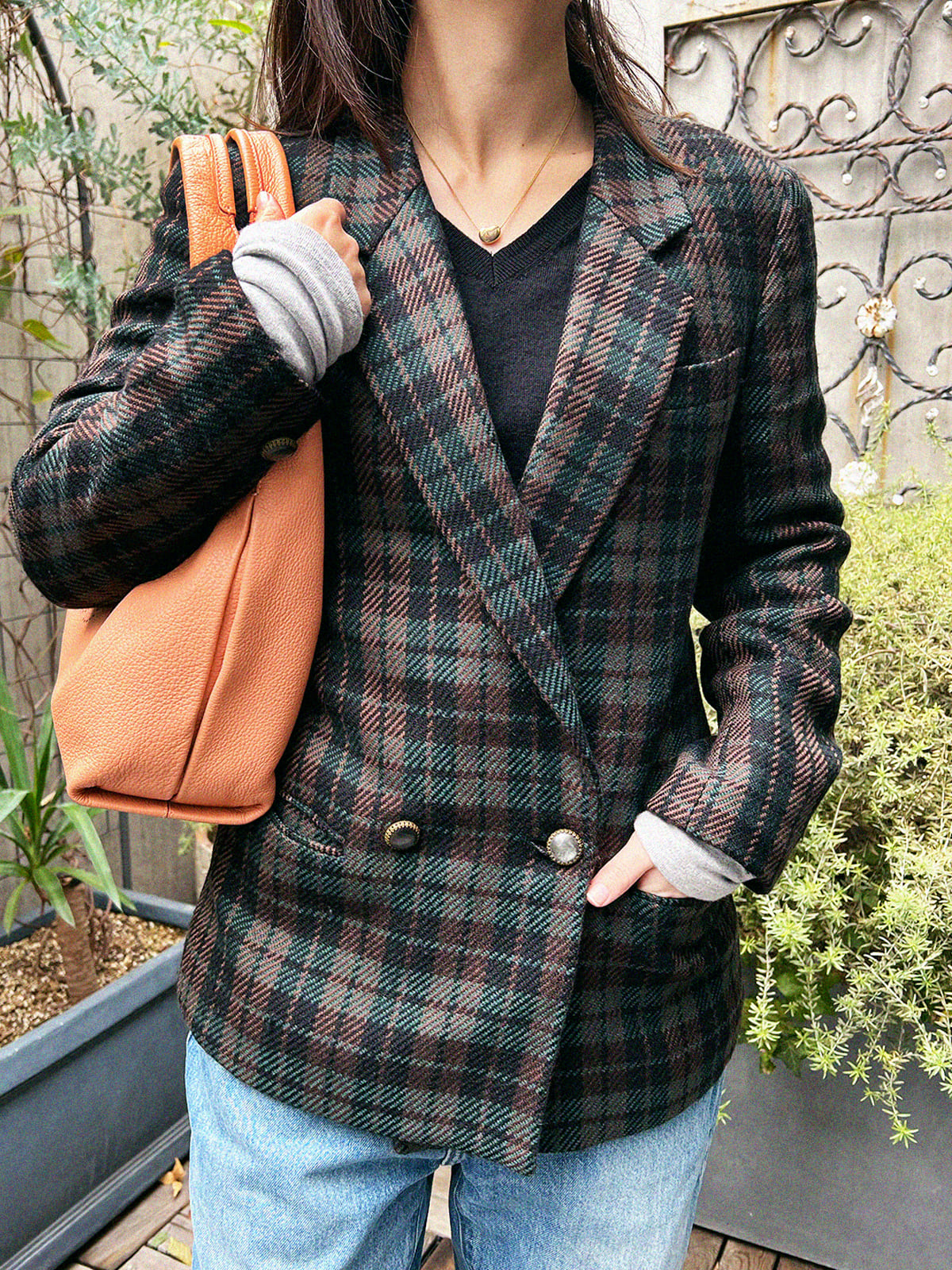 チェックパターンジャケット ブラック/グリーン/ブラウン