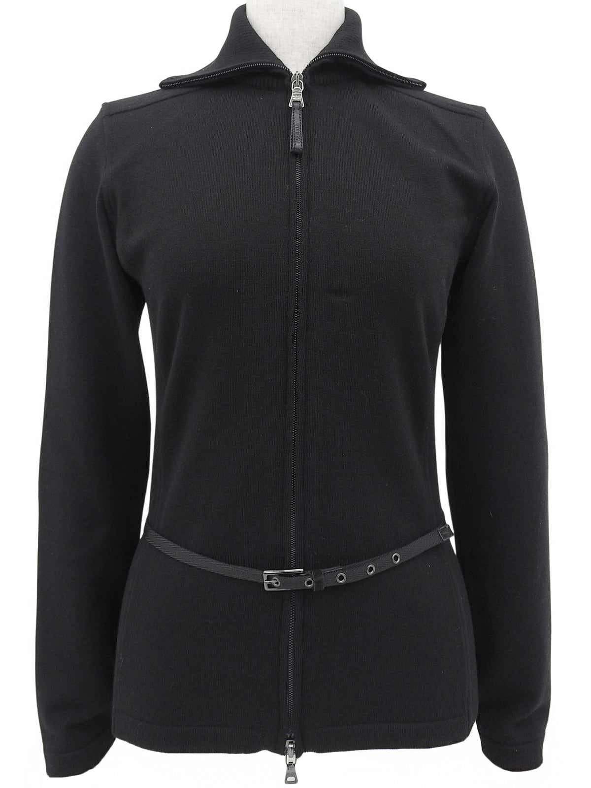 Logo Zip-Up Belted Knit Cardigan #40 Black