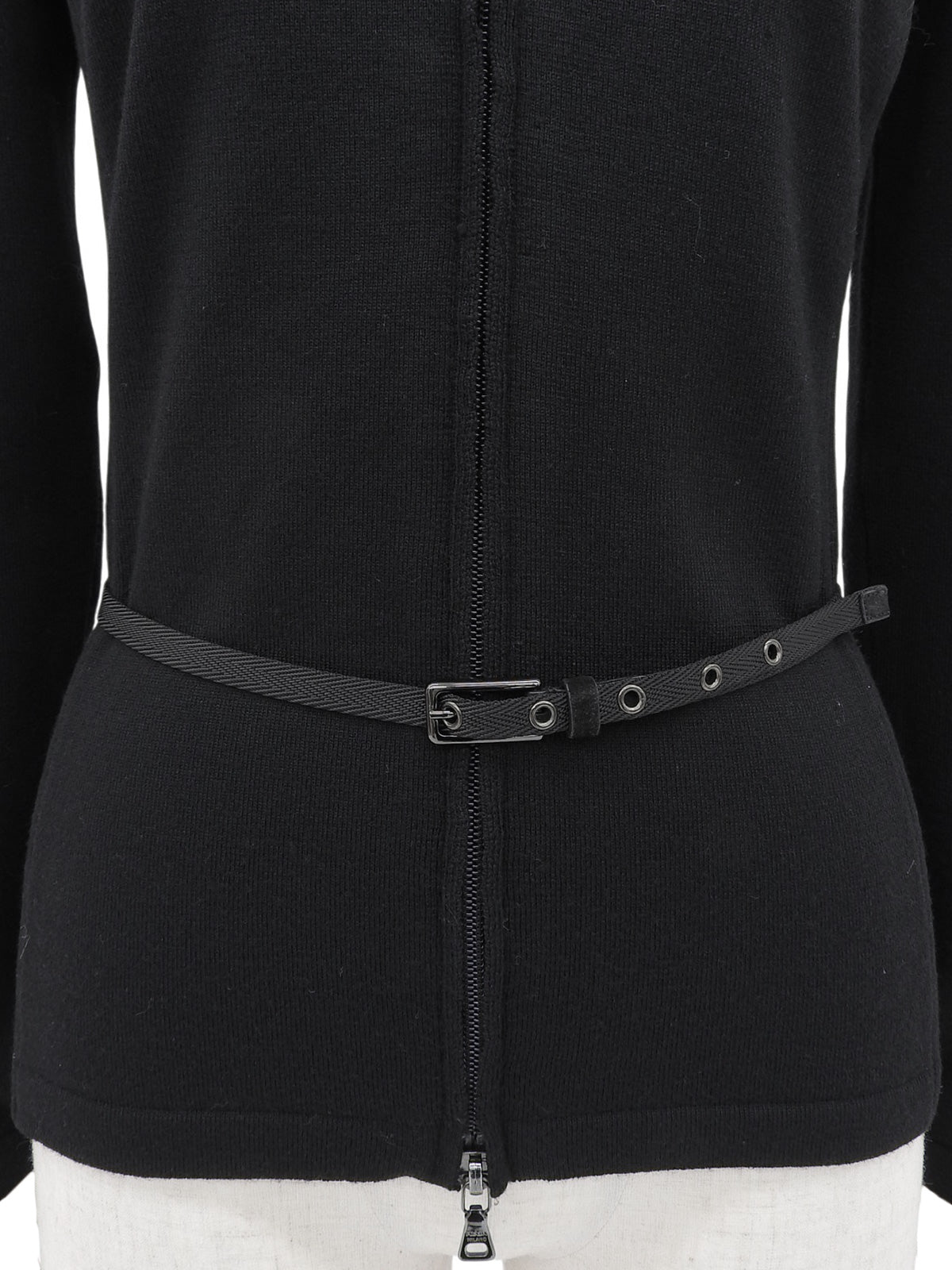 Logo Zip-Up Belted Knit Cardigan #40 Black
