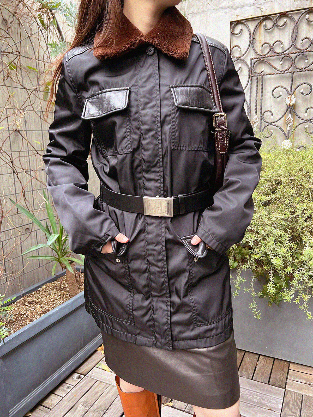 ファーカラーベルテッドコート ブラック