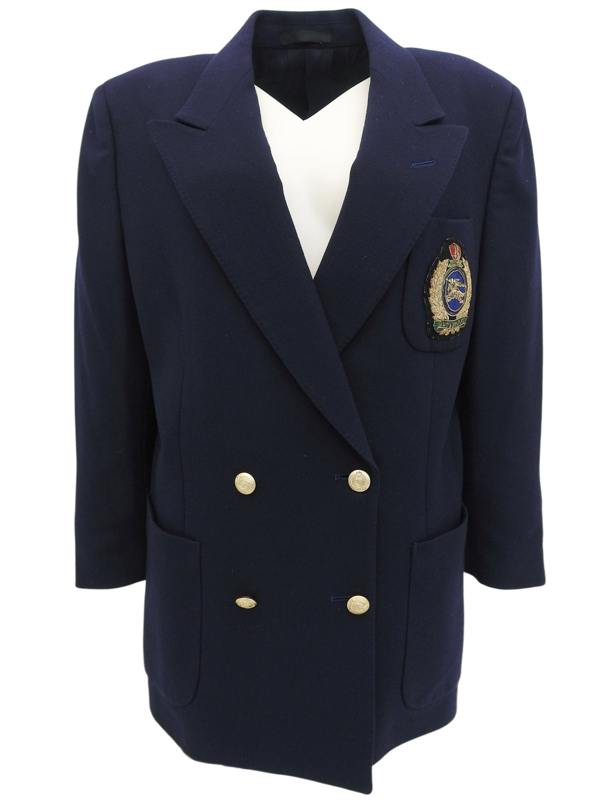 Navy double-breasted jacket with logo emblem patch