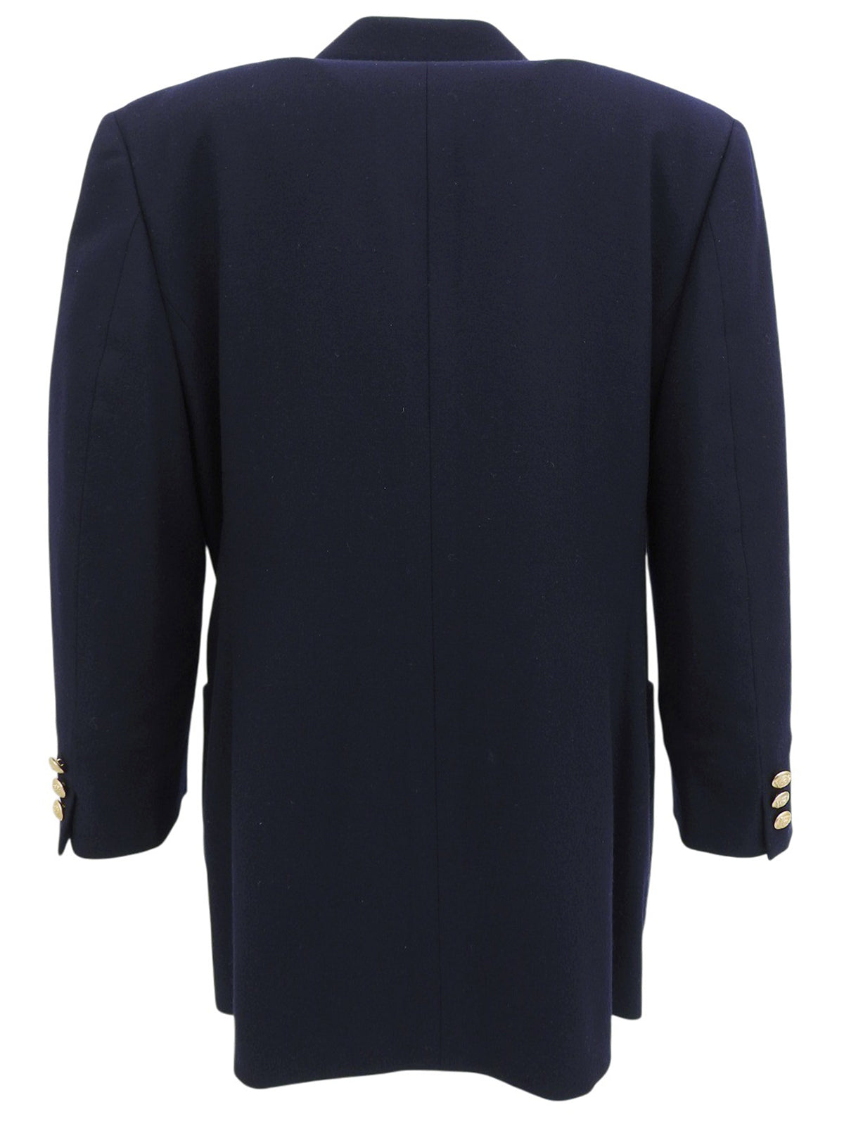 Navy double-breasted jacket with logo emblem patch