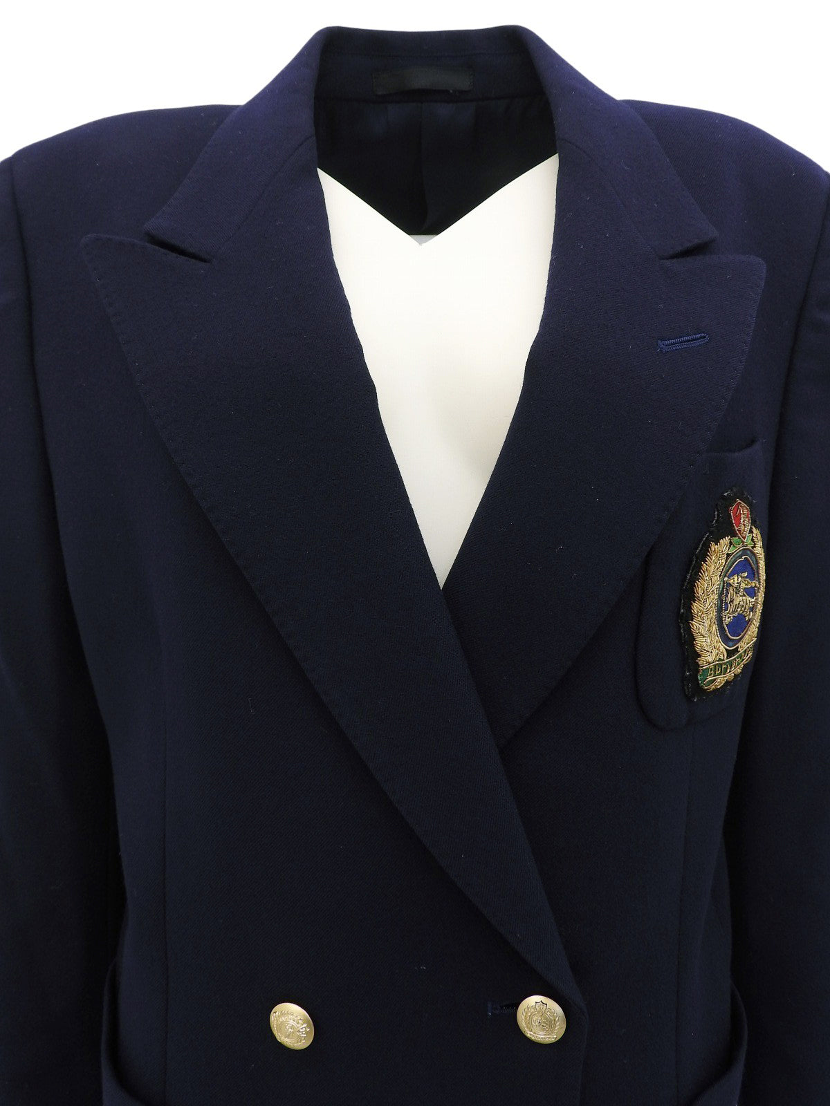 Navy double-breasted jacket with logo emblem patch