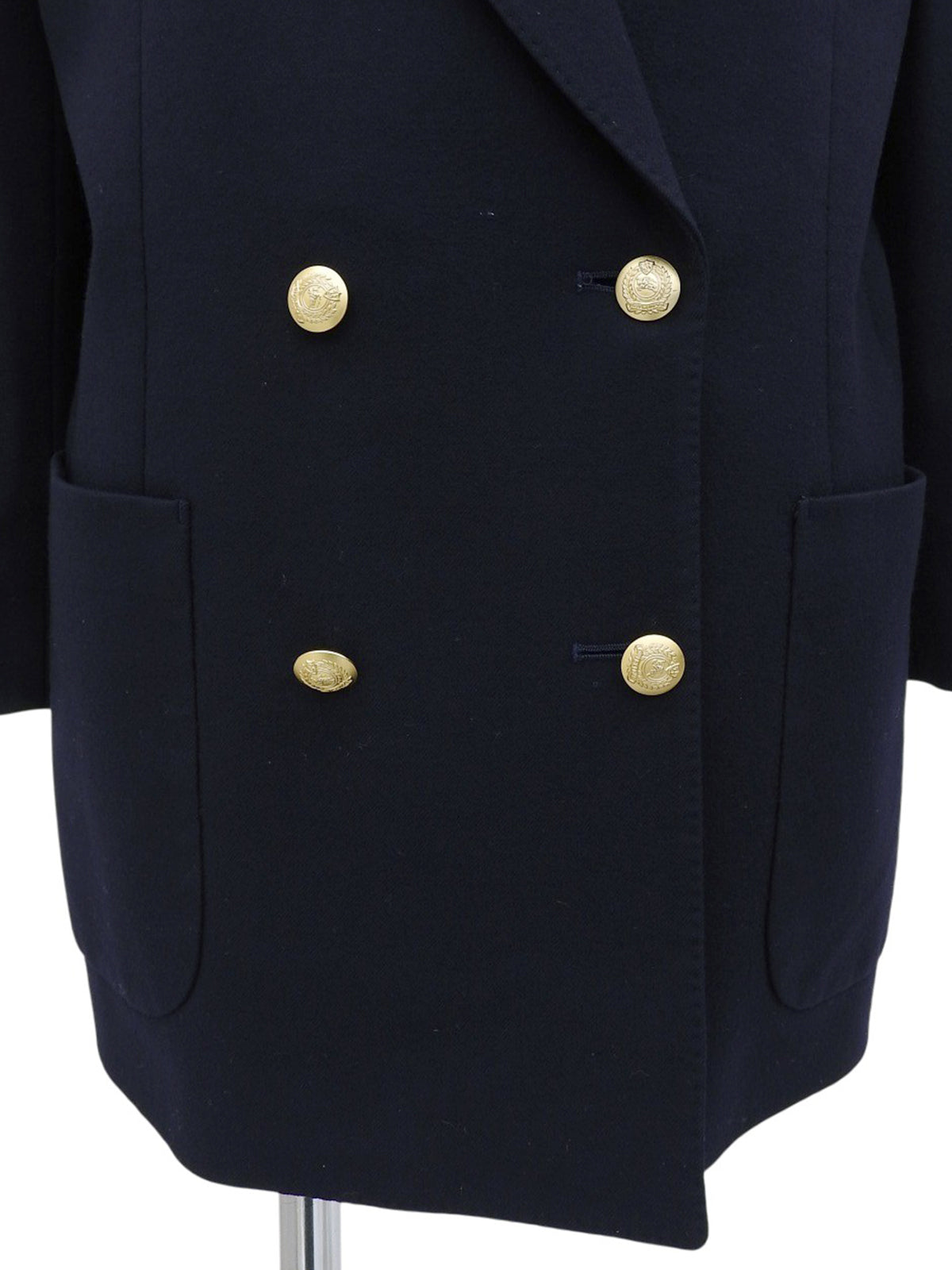 Navy double-breasted jacket with logo emblem patch